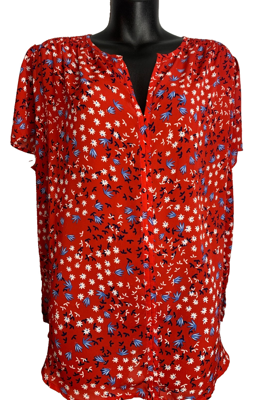Fun 2 Fun Women's 2x V-Neck Short Sleeve Blouse Red, White, Blue